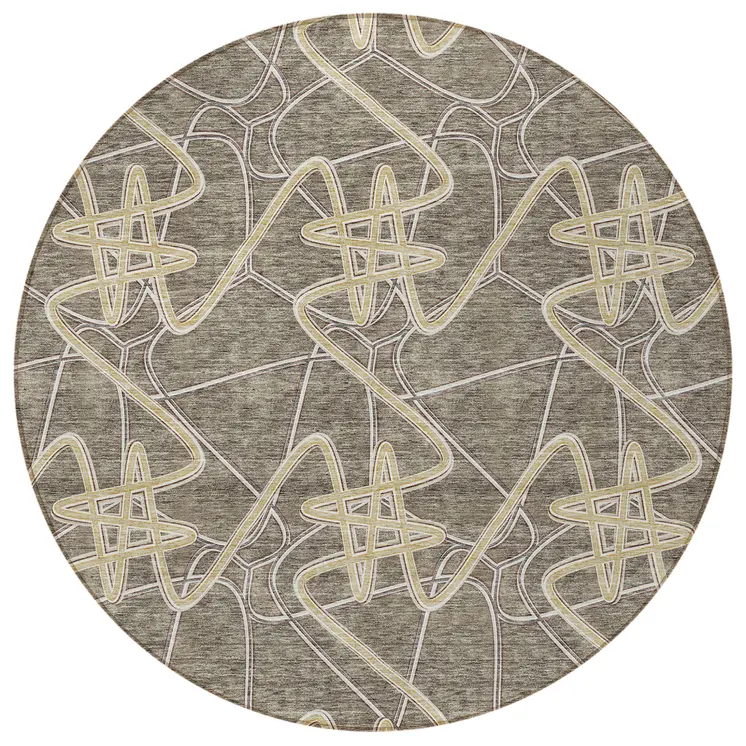 8' Taupe Ivory And Brown Round Geometric Washable Indoor Outdoor Area Rug