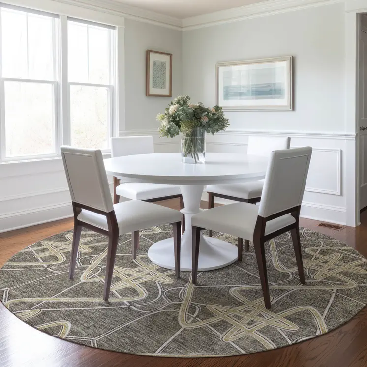 8' Taupe Ivory And Brown Round Geometric Washable Indoor Outdoor Area Rug