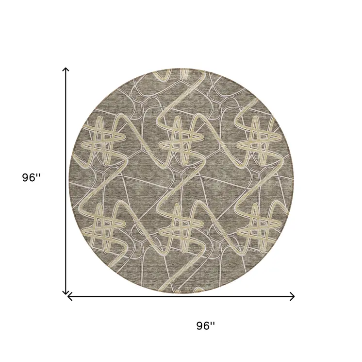 8' Taupe Ivory And Brown Round Geometric Washable Indoor Outdoor Area Rug