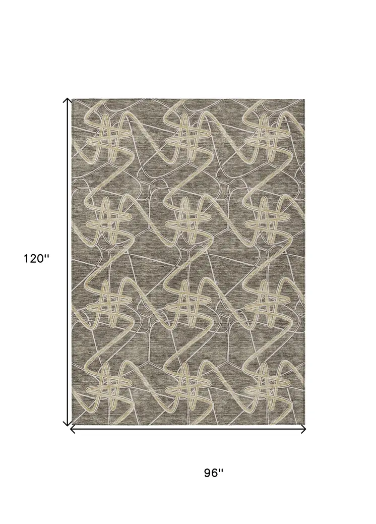 8' X 10' Taupe Ivory And Brown Geometric Washable Indoor Outdoor Area Rug