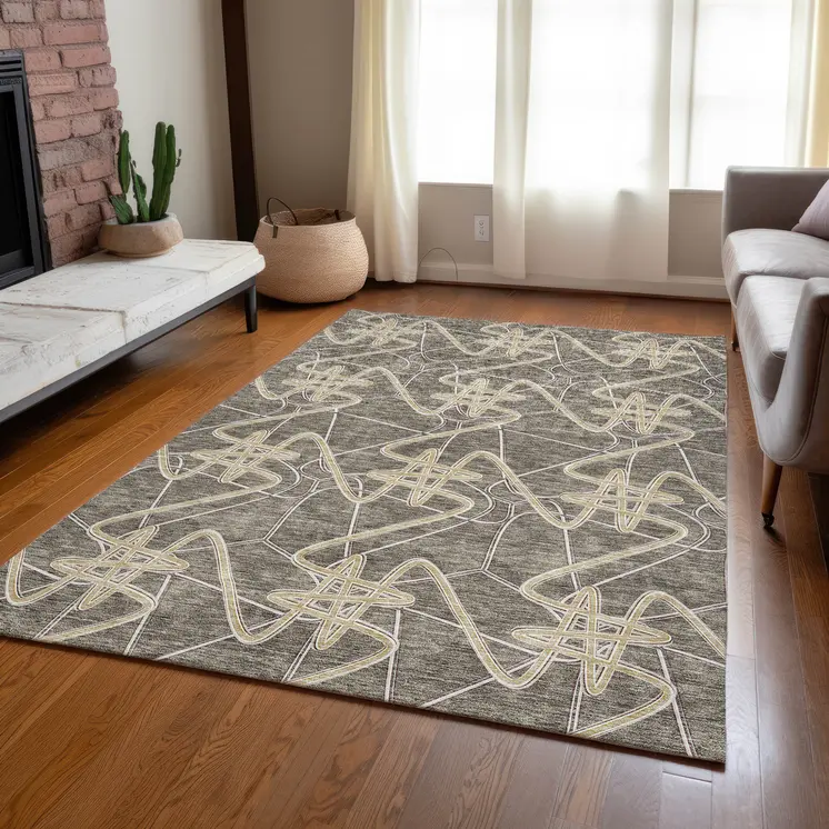 10' X 14' Taupe Ivory And Brown Geometric Washable Indoor Outdoor Area Rug