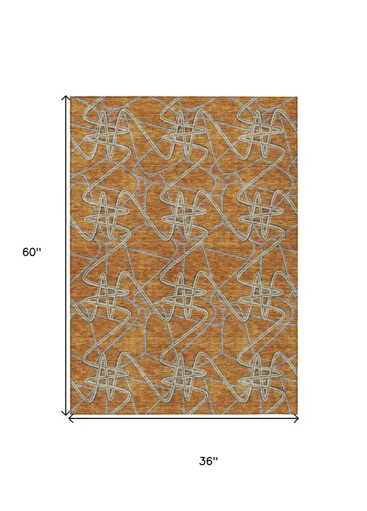 3' X 5' Terra Cotta Ivory And Charcoal Geometric Washable Indoor Outdoor Area Rug