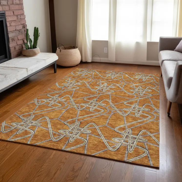 3' X 5' Terra Cotta Ivory And Charcoal Geometric Washable Indoor Outdoor Area Rug