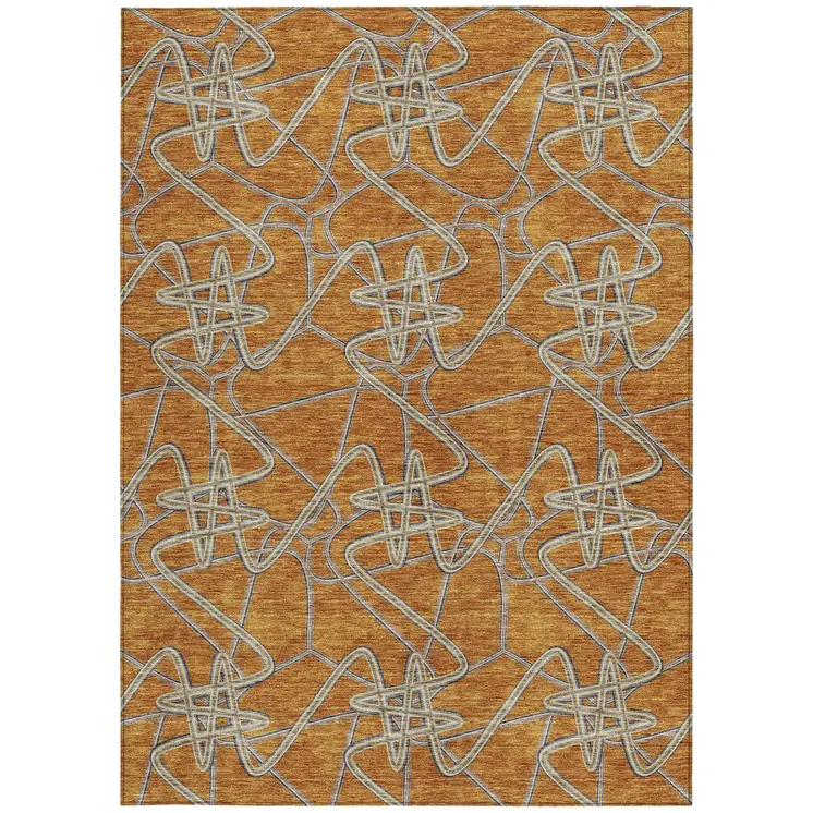 5' X 8' Terra Cotta Ivory And Charcoal Geometric Washable Indoor Outdoor Area Rug