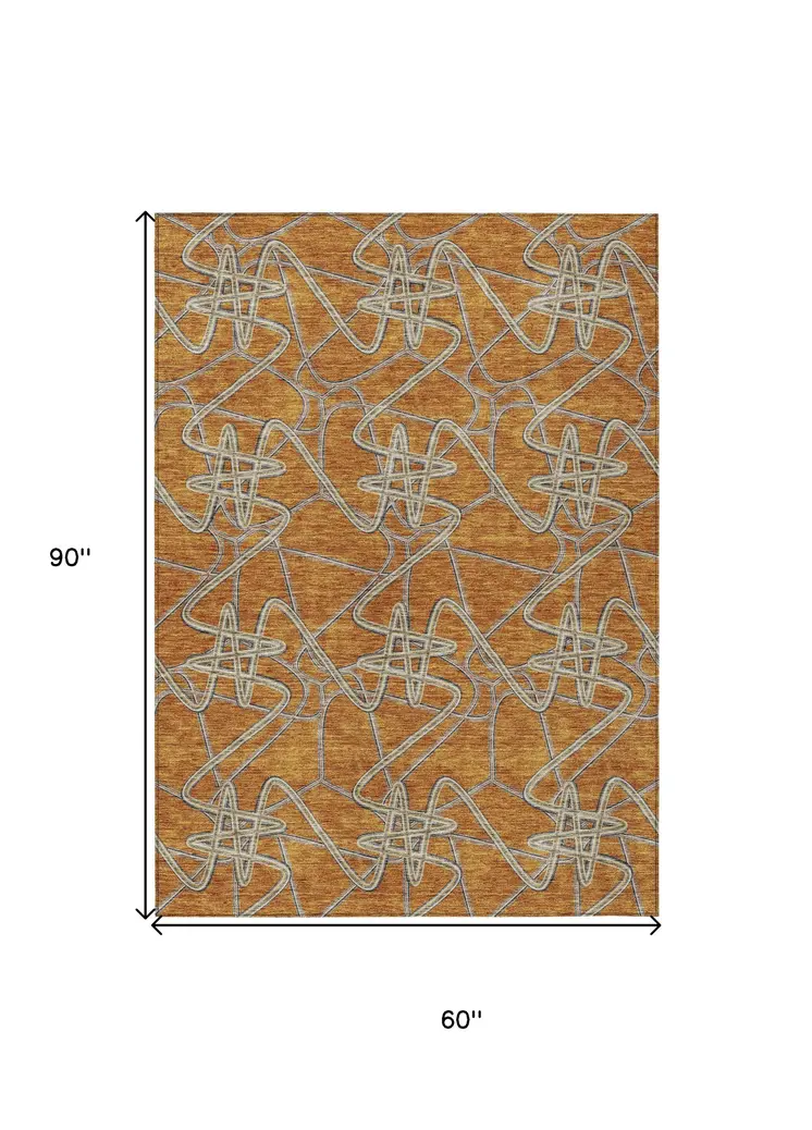 5' X 8' Terra Cotta Ivory And Charcoal Geometric Washable Indoor Outdoor Area Rug