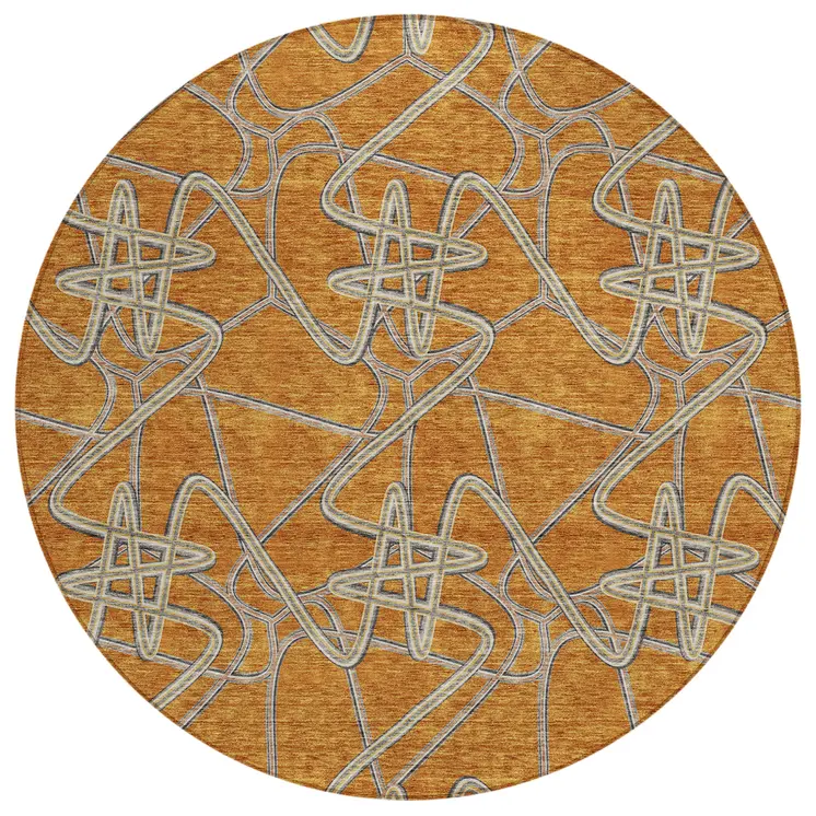 8' Terra Cotta Ivory And Charcoal Round Geometric Washable Indoor Outdoor Area Rug