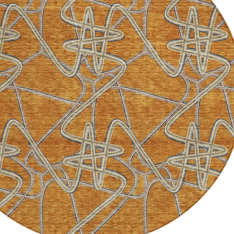 8' Terra Cotta Ivory And Charcoal Round Geometric Washable Indoor Outdoor Area Rug