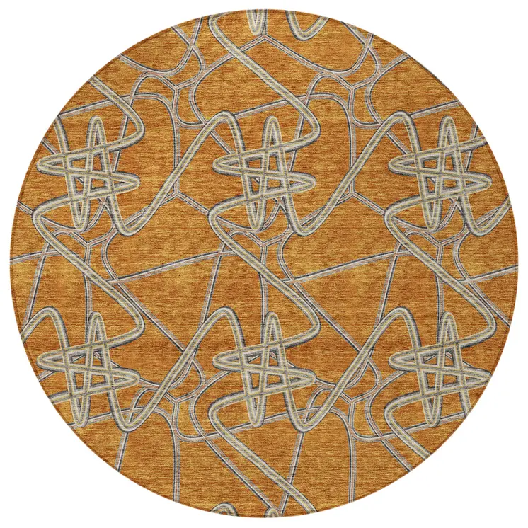 8' Terra Cotta Ivory And Charcoal Round Geometric Washable Indoor Outdoor Area Rug