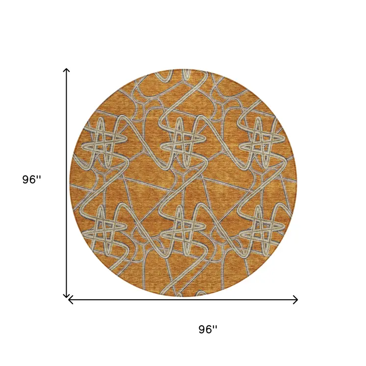 8' Terra Cotta Ivory And Charcoal Round Geometric Washable Indoor Outdoor Area Rug
