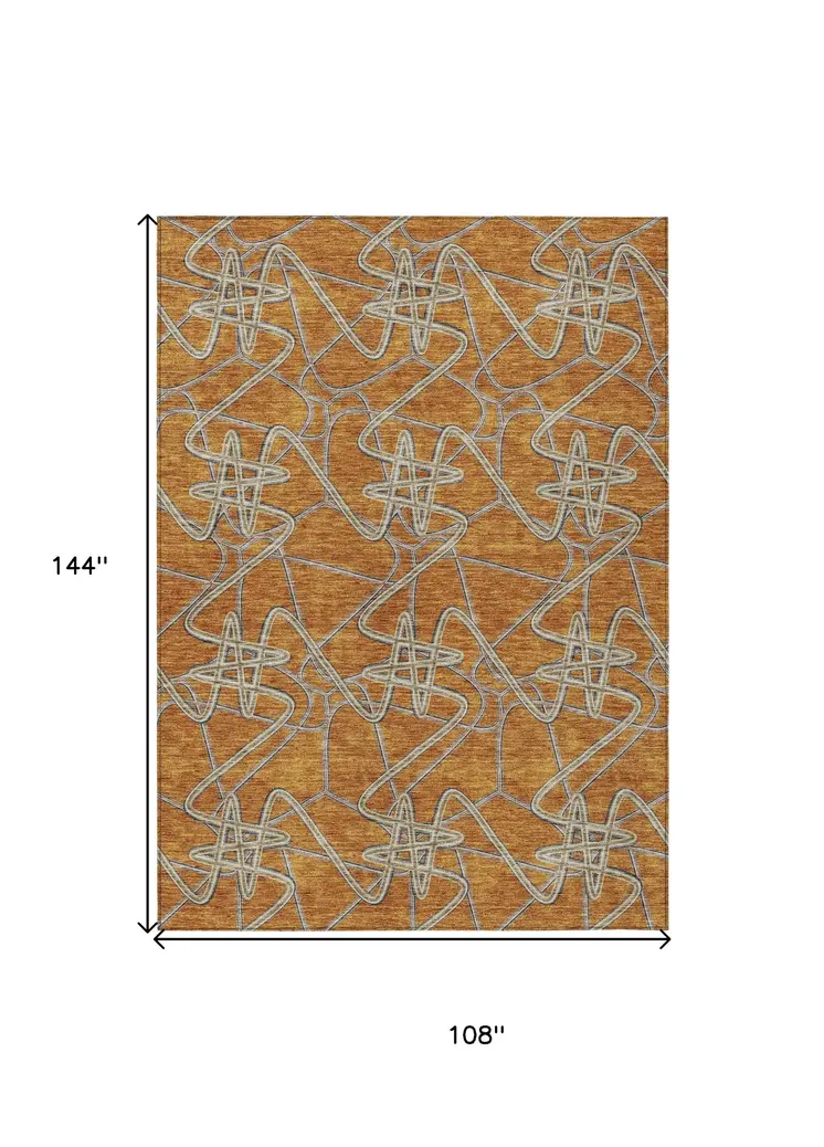 9' X 12' Terra Cotta Ivory And Charcoal Geometric Washable Indoor Outdoor Area Rug