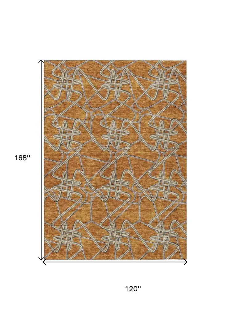 10' X 14' Terra Cotta Ivory And Charcoal Geometric Washable Indoor Outdoor Area Rug