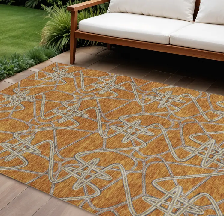10' X 14' Terra Cotta Ivory And Charcoal Geometric Washable Indoor Outdoor Area Rug