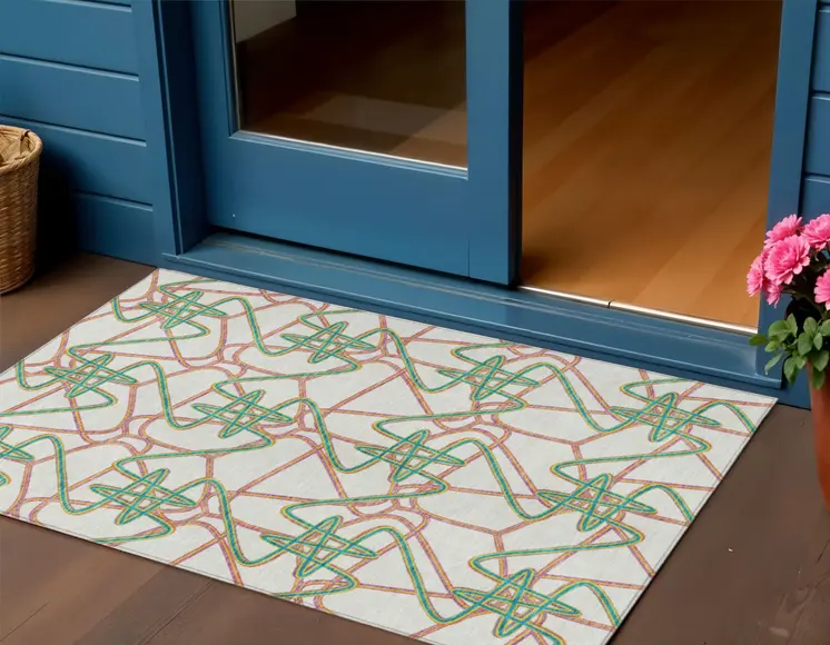 3' X 5' White Teal Blue And Purple Geometric Washable Indoor Outdoor Area Rug