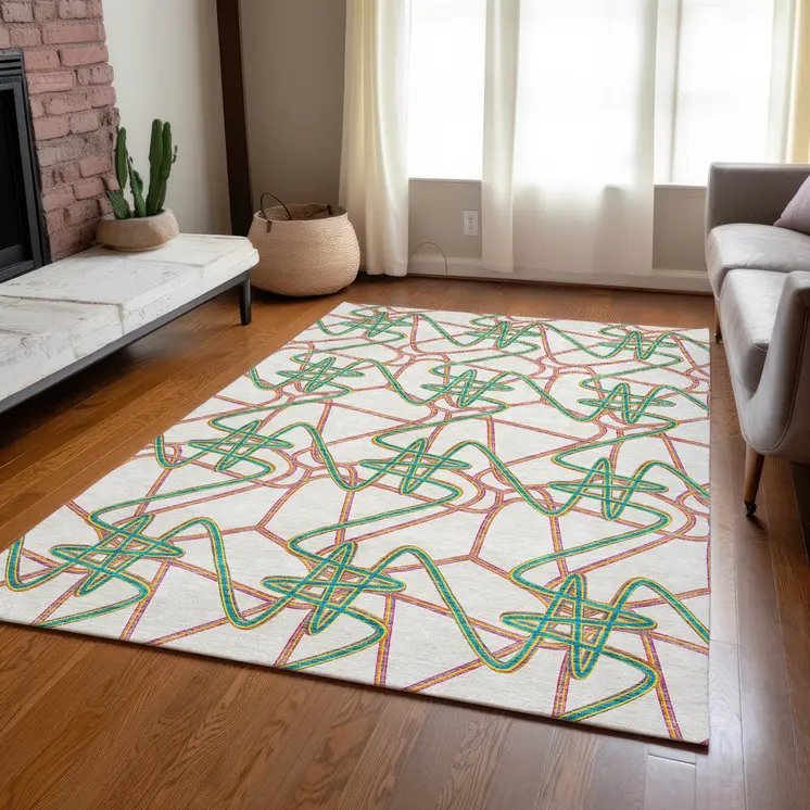 3' X 5' White Teal Blue And Purple Geometric Washable Indoor Outdoor Area Rug