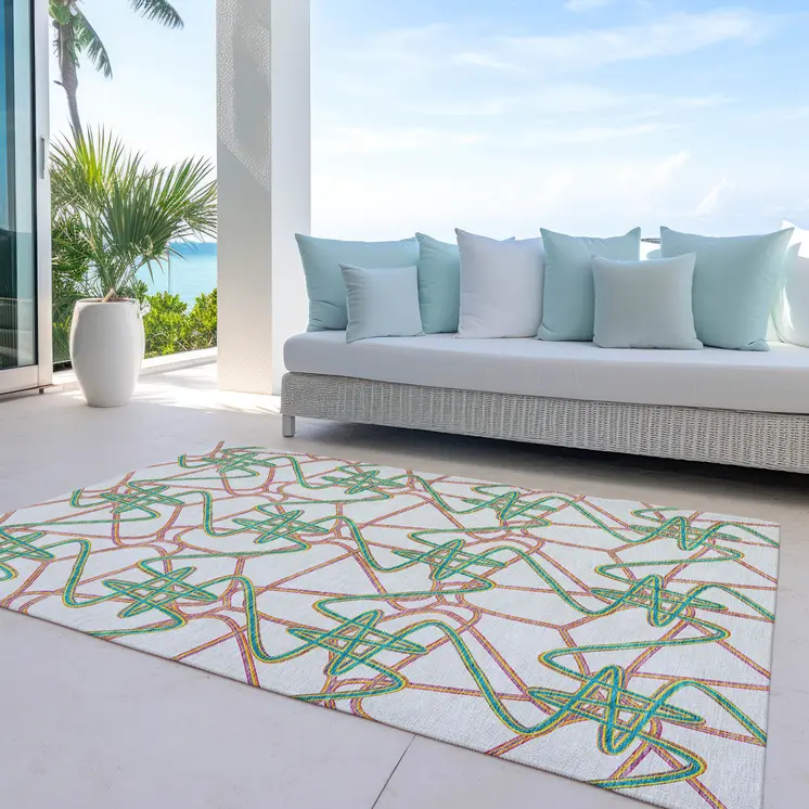 5' X 8' White Teal Blue And Purple Geometric Washable Indoor Outdoor Area Rug
