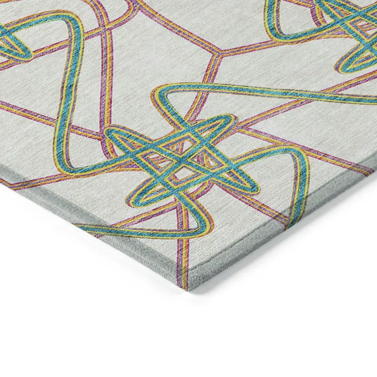 5' X 8' White Teal Blue And Purple Geometric Washable Indoor Outdoor Area Rug