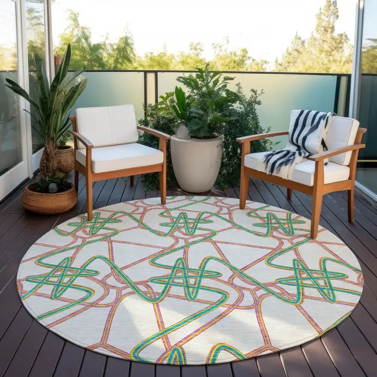 8' White Teal Blue And Purple Round Geometric Washable Indoor Outdoor Area Rug