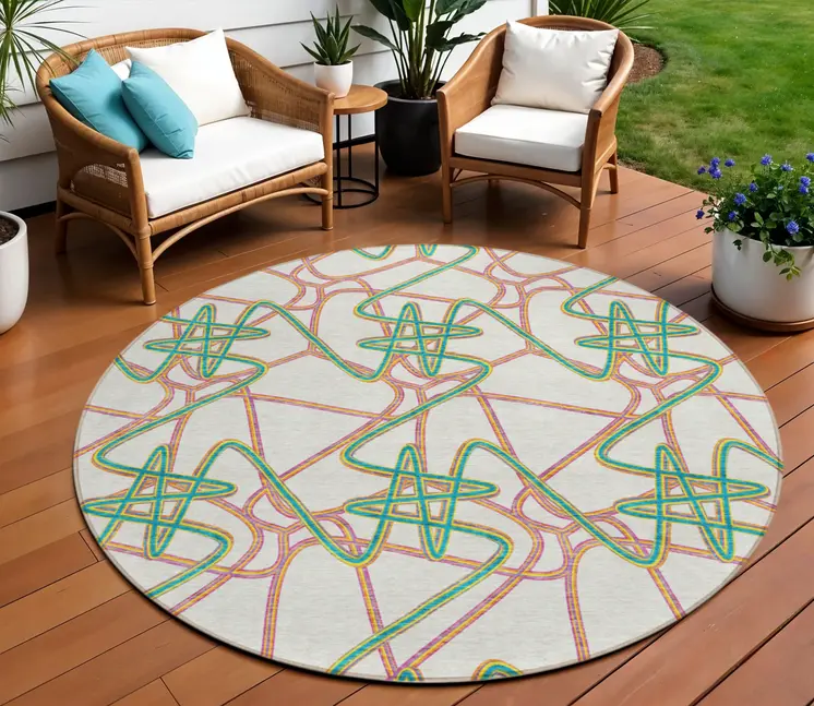 8' White Teal Blue And Purple Round Geometric Washable Indoor Outdoor Area Rug