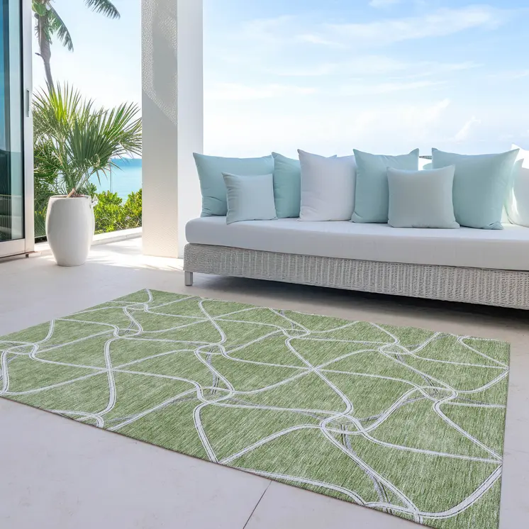 3' X 5' Sage And Ivory Geometric Washable Indoor Outdoor Area Rug