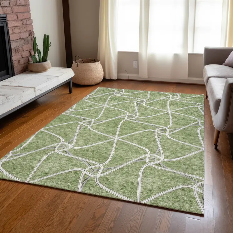 3' X 5' Sage And Ivory Geometric Washable Indoor Outdoor Area Rug