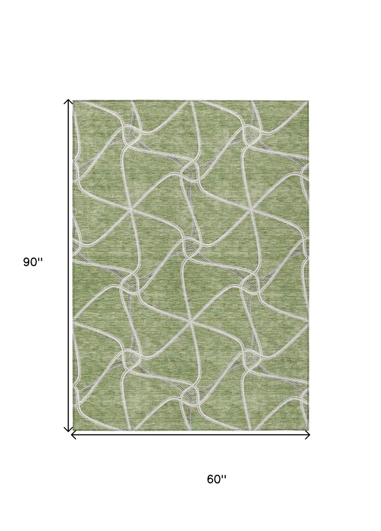 5' X 8' Sage And Ivory Geometric Washable Indoor Outdoor Area Rug