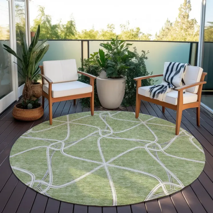 8' Sage And Ivory Round Geometric Washable Indoor Outdoor Area Rug