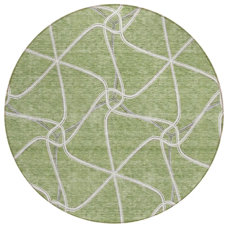 8' Sage And Ivory Round Geometric Washable Indoor Outdoor Area Rug