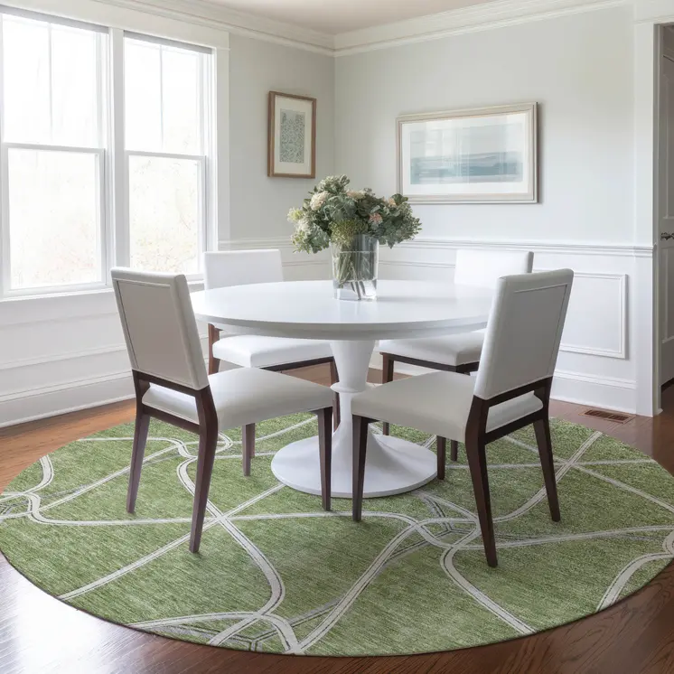 8' Sage And Ivory Round Geometric Washable Indoor Outdoor Area Rug