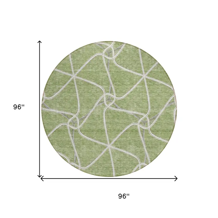 8' Sage And Ivory Round Geometric Washable Indoor Outdoor Area Rug