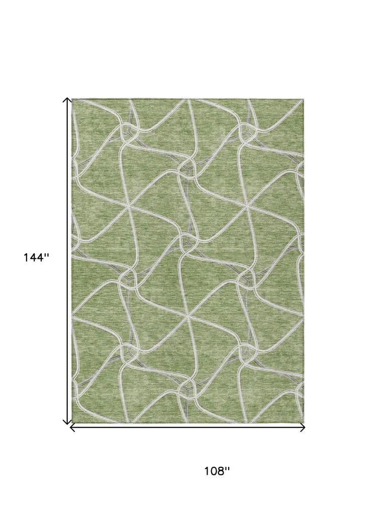 9' X 12' Sage And Ivory Geometric Washable Indoor Outdoor Area Rug