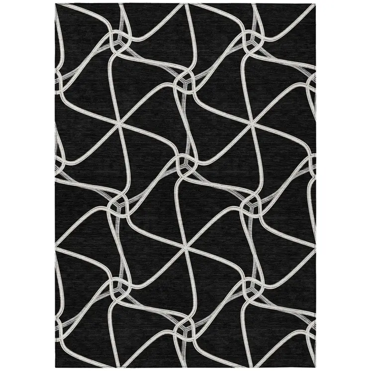 5' X 8' Black And Ivory Geometric Washable Indoor Outdoor Area Rug
