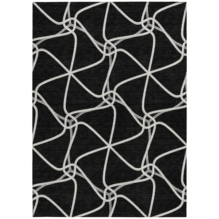 5' X 8' Black And Ivory Geometric Washable Indoor Outdoor Area Rug