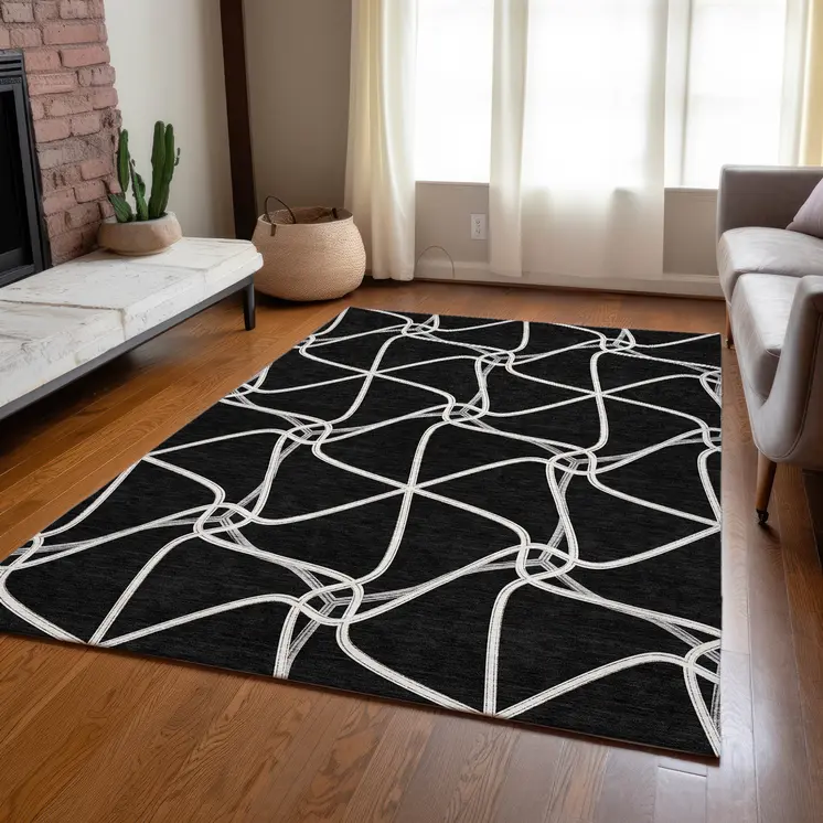 5' X 8' Black And Ivory Geometric Washable Indoor Outdoor Area Rug