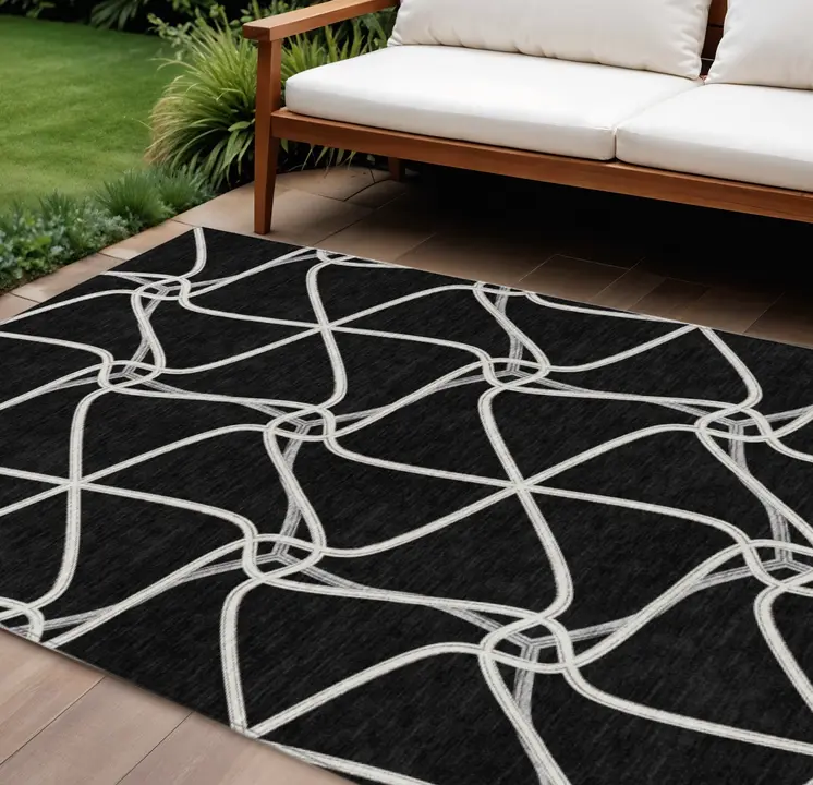 8' X 10' Black And Ivory Geometric Washable Indoor Outdoor Area Rug
