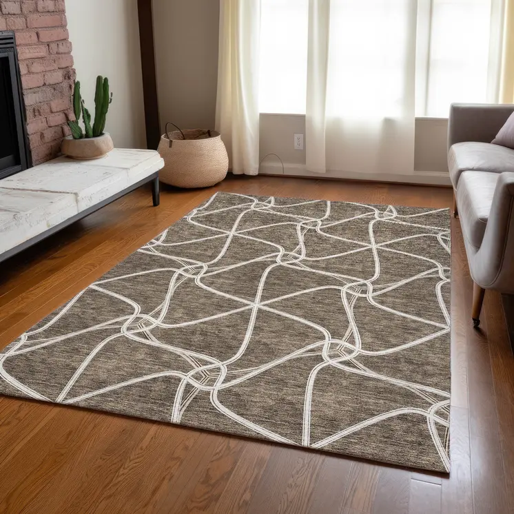 5' X 8' Brown And Ivory Geometric Washable Indoor Outdoor Area Rug