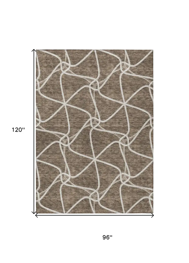 8' X 10' Brown And Ivory Geometric Washable Indoor Outdoor Area Rug