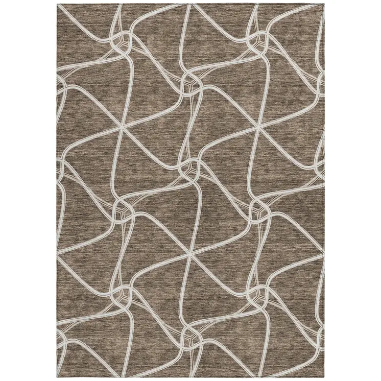 8' X 10' Brown And Ivory Geometric Washable Indoor Outdoor Area Rug