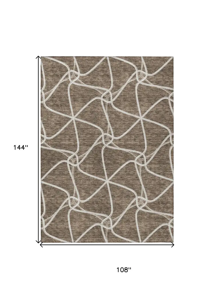9' X 12' Brown And Ivory Geometric Washable Indoor Outdoor Area Rug