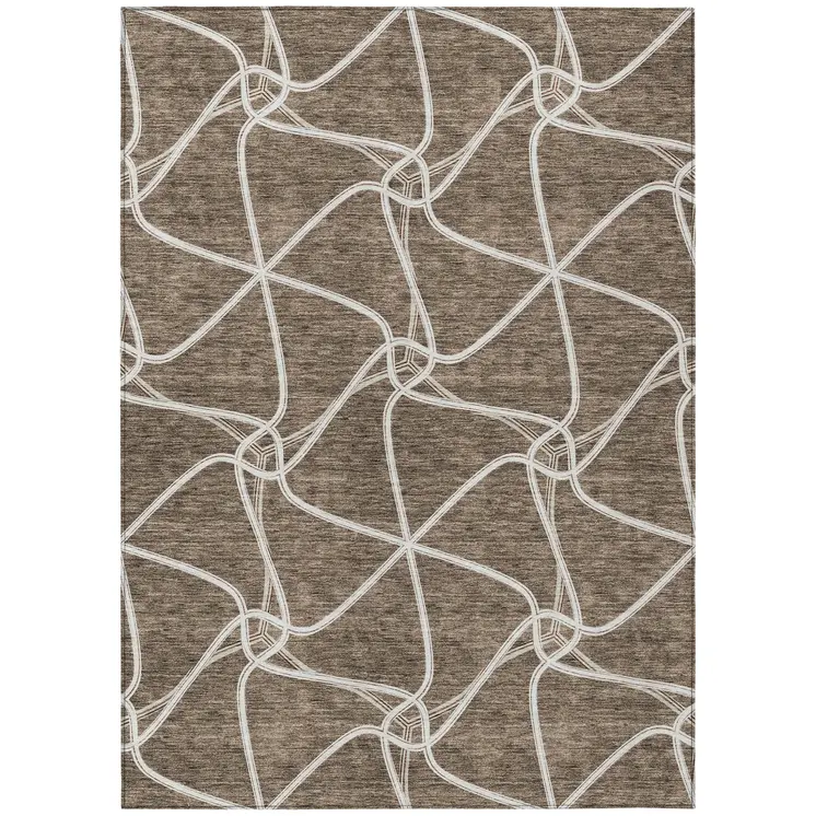 9' X 12' Brown And Ivory Geometric Washable Indoor Outdoor Area Rug