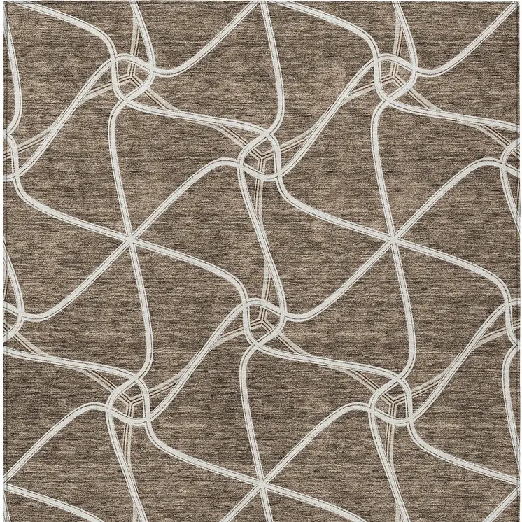 10' X 14' Brown And Ivory Geometric Washable Indoor Outdoor Area Rug
