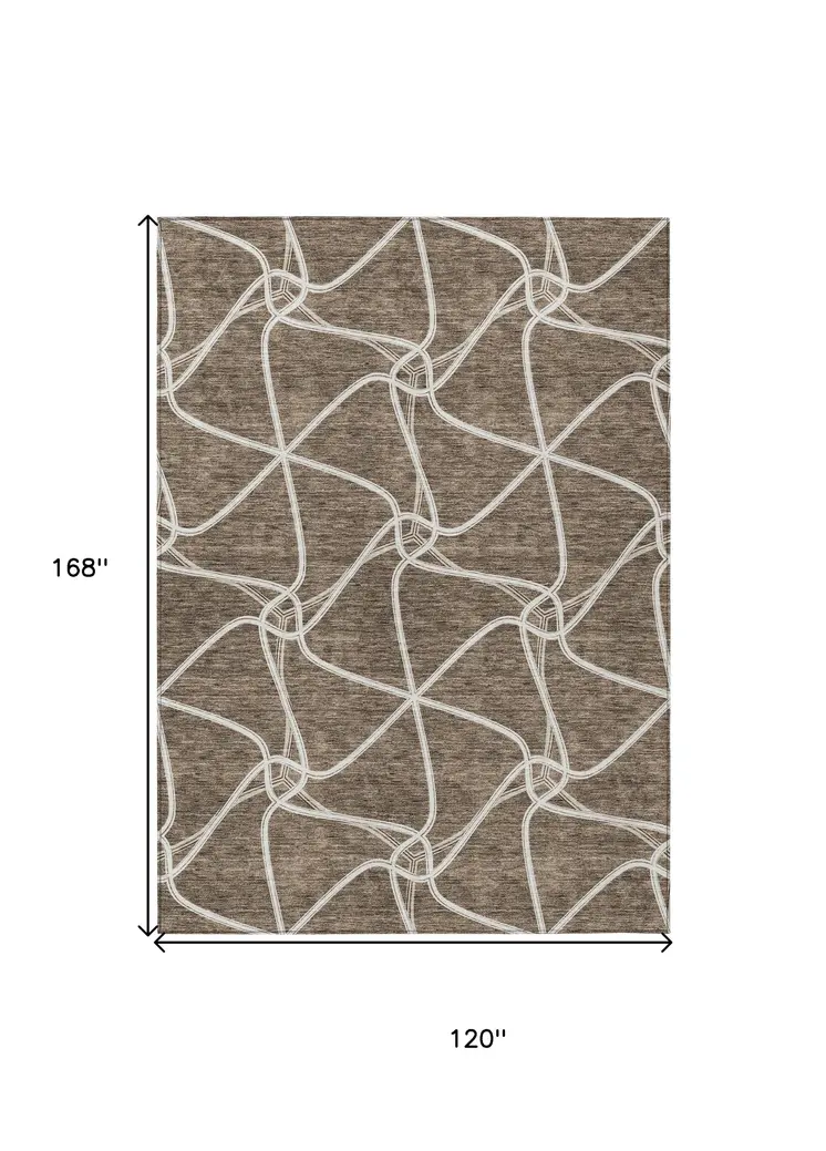 10' X 14' Brown And Ivory Geometric Washable Indoor Outdoor Area Rug