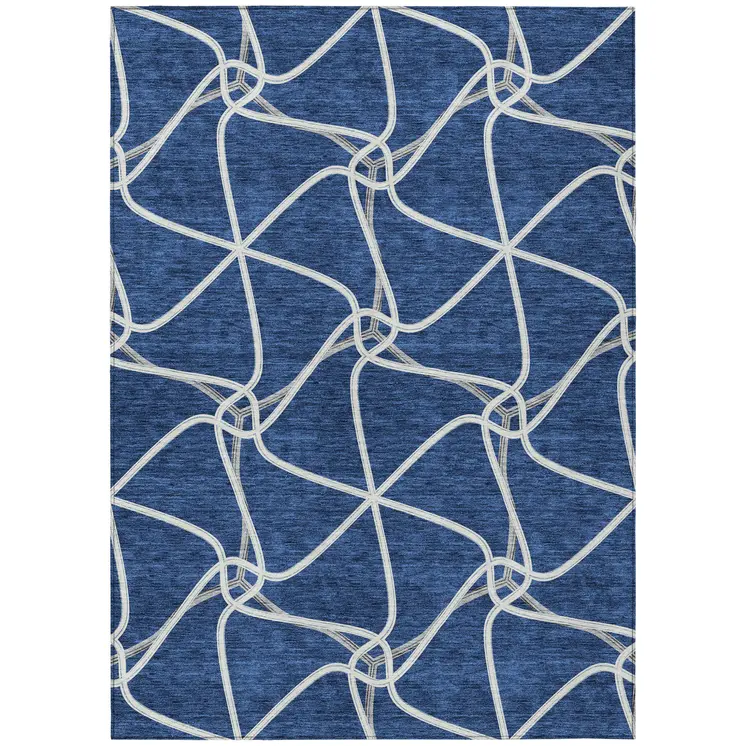 3' X 5' Blue And Ivory Geometric Washable Indoor Outdoor Area Rug