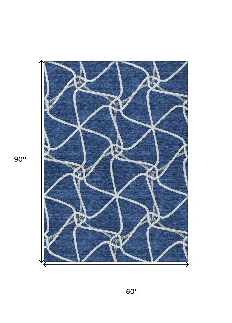 5' X 8' Blue And Ivory Geometric Washable Indoor Outdoor Area Rug
