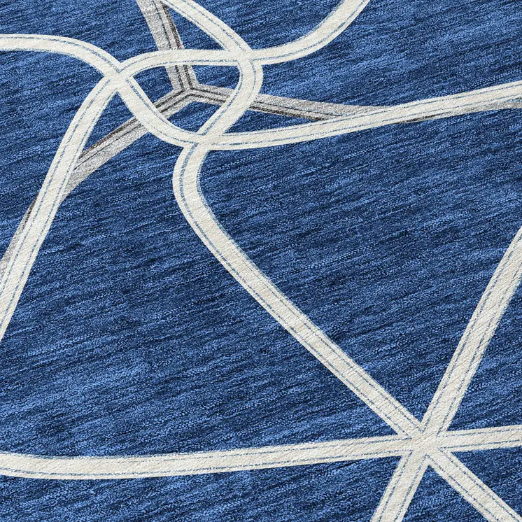 8' Blue And Ivory Round Geometric Washable Indoor Outdoor Area Rug