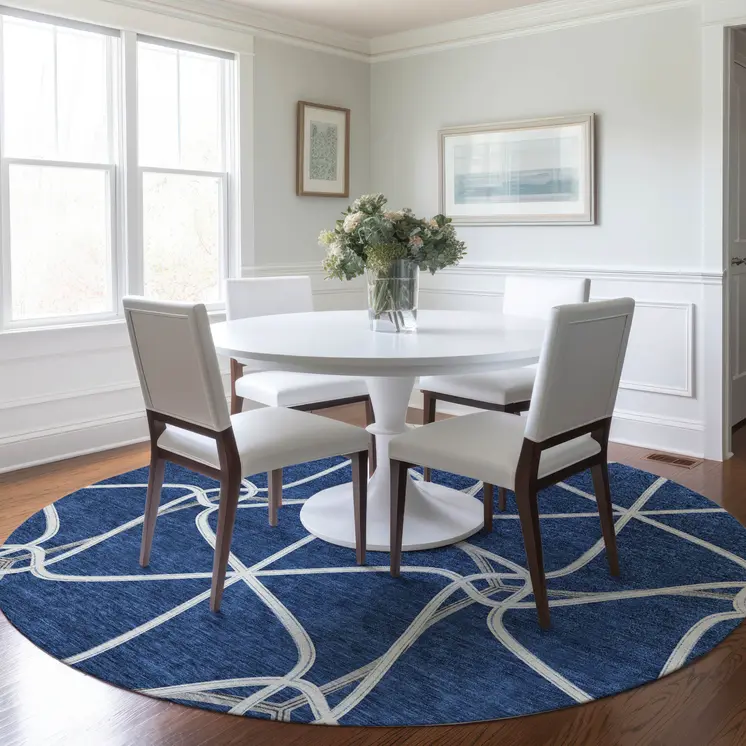 8' Blue And Ivory Round Geometric Washable Indoor Outdoor Area Rug
