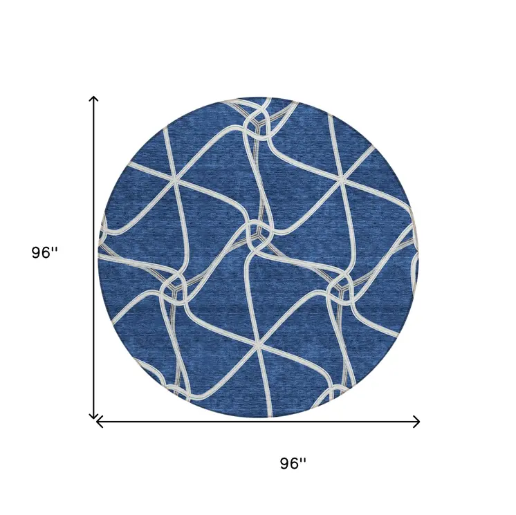 8' Blue And Ivory Round Geometric Washable Indoor Outdoor Area Rug