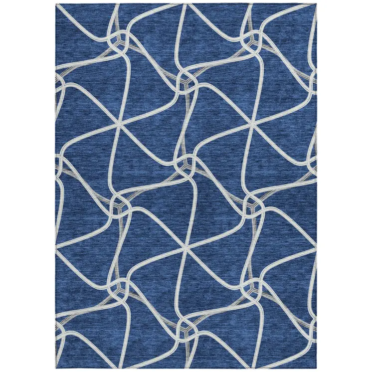 8' X 10' Blue And Ivory Geometric Washable Indoor Outdoor Area Rug