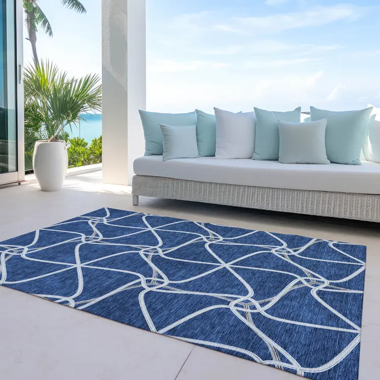 9' X 12' Blue And Ivory Geometric Washable Indoor Outdoor Area Rug