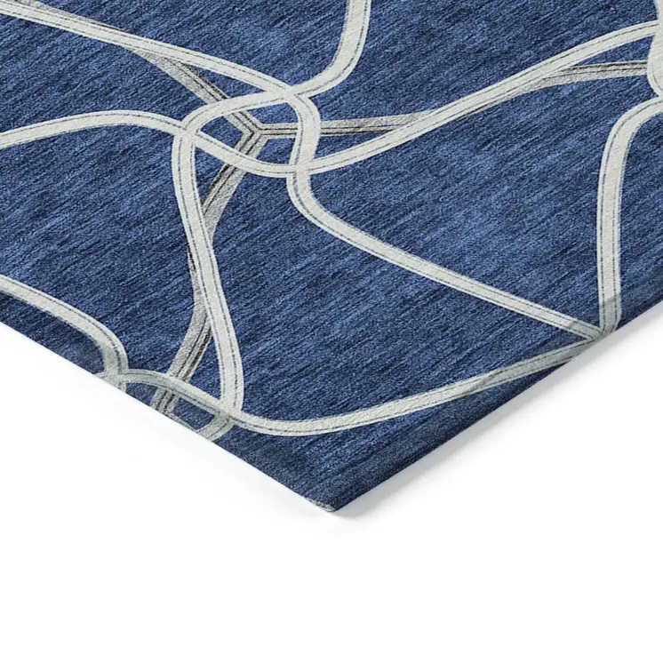 9' X 12' Blue And Ivory Geometric Washable Indoor Outdoor Area Rug