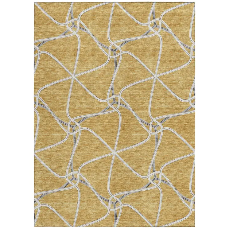3' X 5' Gold And Ivory Geometric Washable Indoor Outdoor Area Rug